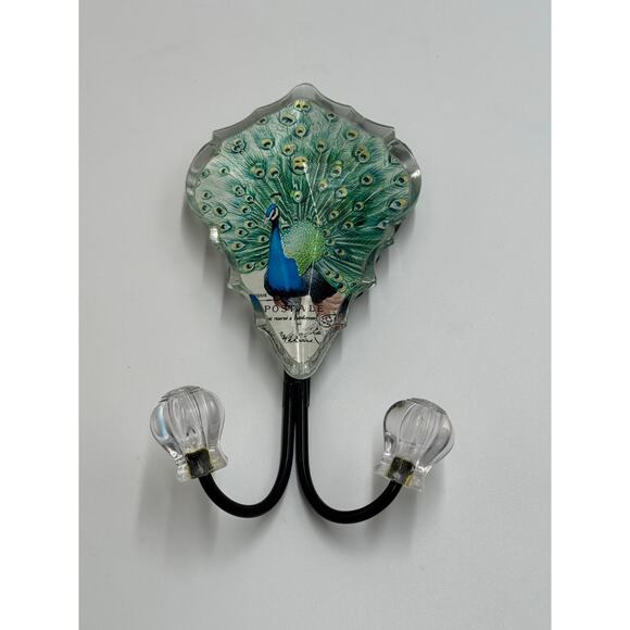 Pier 1 Peacock Double Wall Hook 8.25" Vibrant Blue Green Acrylic Décor - Picture 1 of 5